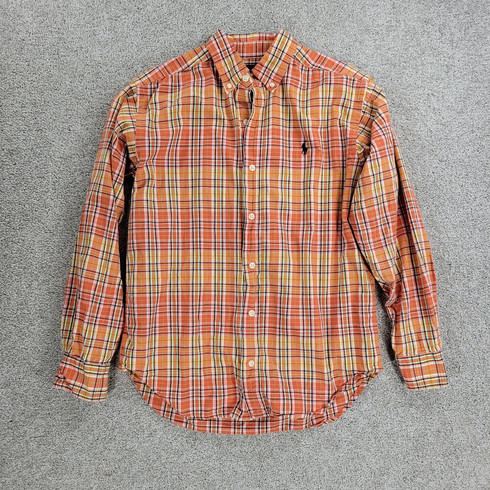 Ralph Lauren Button Down Shirt Boys L 16-18 Orange Plaid Cotton‎ Classic Fit